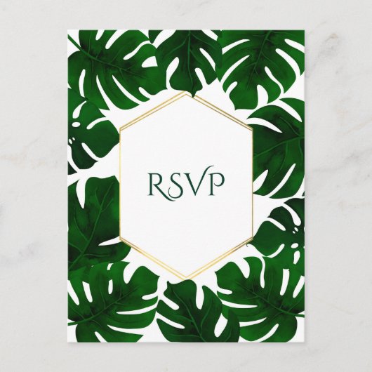 Invitation Carte Postale Feuilles tropicaux vert foncé Noir blanc Mariage R (Devant)