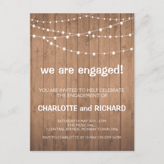 Invitation Carte Postale Feux d'invitation de la partie d'engagement bois e (Devant)