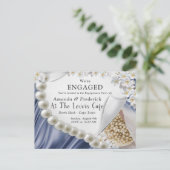 Invitation Carte Postale Fiançailles de soie bleue et perles d'ivoire (Debout devant)
