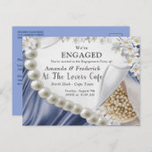 Invitation Carte Postale Fiançailles de soie bleue et perles d'ivoire (Devant / Derrière)