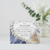 Invitation Carte Postale Fiançailles de soie bleue et perles d'ivoire (Debout devant)