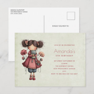 Invitation Carte Postale Fille avec une poupée grenouille Anniversaire mign