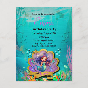 Invitation Carte Postale Fille de la fête d'anniversaire de la Petite Sirèn