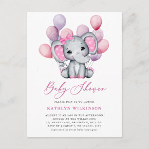Invitation Carte Postale Fille Éléphant Ballon Rose Script Fête de Naissanc