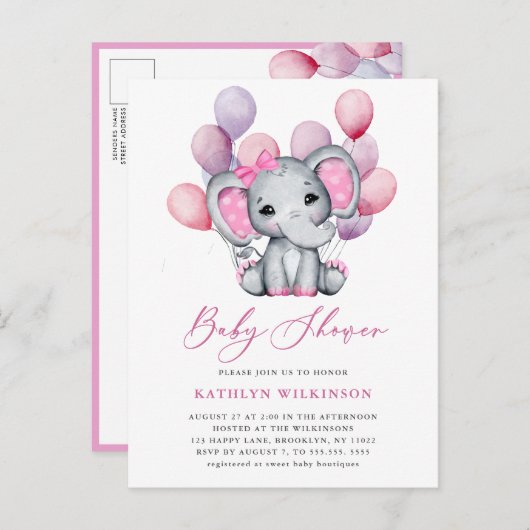 Invitation Carte Postale Fille Eléphant rose Balloon Script mignon Baby sho (Devant / Derrière)