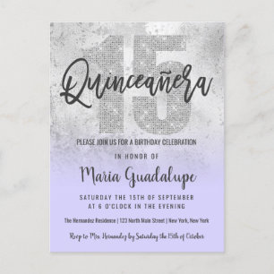 Invitation Carte Postale Fille Grunge Argent Lilac Parties scintillant Foil