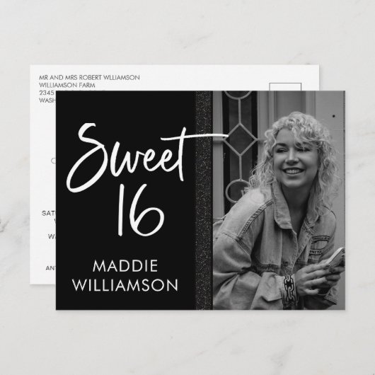 Invitation Carte Postale Fille noire et blanche Parties scintillant douce 1 (Devant / Derrière)