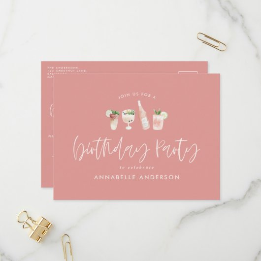 Invitation Carte Postale Fille rose moderne cocktail design fête d'annivers (Devant/Arrière en situation)