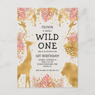 Invitation Carte Postale Filles 1er Anniversaire Fête Pink Ecru Safari