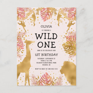 Invitation Carte Postale Filles 1er anniversaire fête Pink Jungle Safari