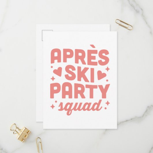 Invitation Carte Postale Filles de l'après-ski squad esthétique rose (Devant/Arrière en situation)