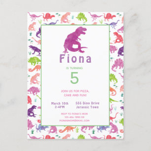Invitation Carte postale Filles Dinosaur Anniversa