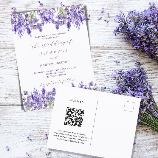 Invitation Carte Postale Fils violet lavande QR RSVP détails mariage
