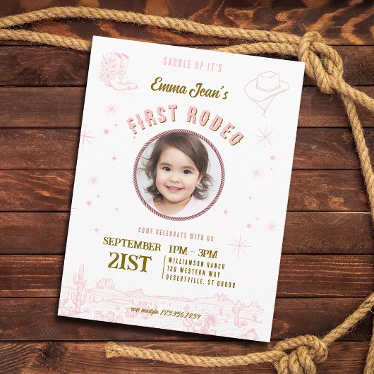 Invitation Carte Postale First Rodeo Pink Cowgirl First Birthday