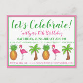 Invitation Carte Postale Flamant rose d'anniversaire Palm Tree Pineapple (Devant)