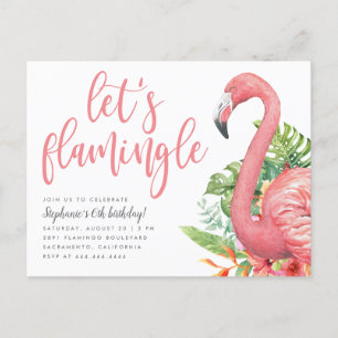 Invitation Carte Postale Flamant rose de feuillage tropical Flamingle Anniv