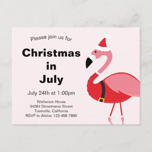 Invitation Carte Postale Flamant rose Père Noël Noël en juillet (Devant)
