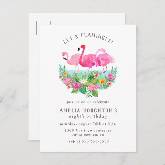Invitation Carte Postale Flamingle Flamant rose Lagoon fête d'anniversaire (Devant / Derrière)