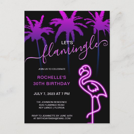 Invitation Carte Postale Flamingle Pink Neon Flamant rose 30e anniversaire (Devant)
