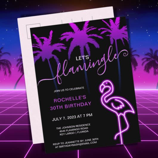 Invitation Carte Postale Flamingle Pink Neon Flamant rose 30e anniversaire