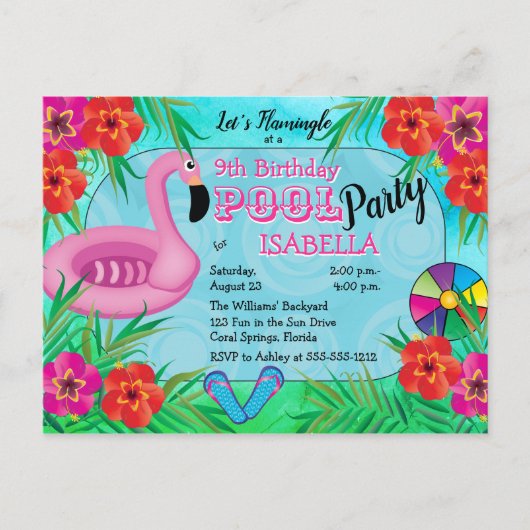 Invitation Carte Postale Flamingle Rose Floral 12ème anniversaire Pool Part (Devant)