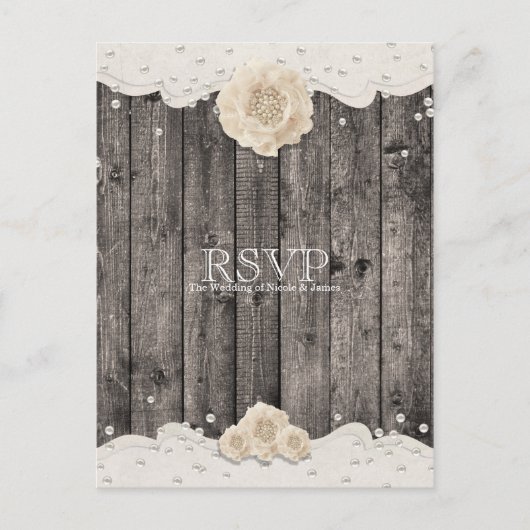 Invitation Carte Postale Fleur Blanche Romantique & Perles Bois Rustique RS (Devant)