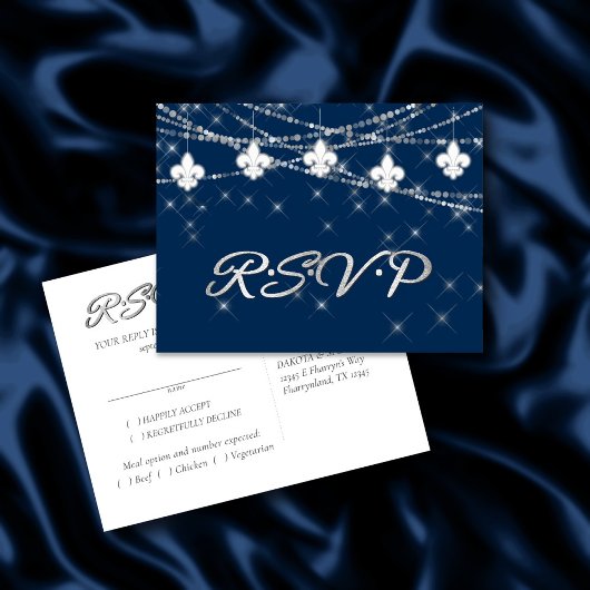 Invitation Carte Postale Fleur de Lis | Navy Cobalt RSVP choix de repas