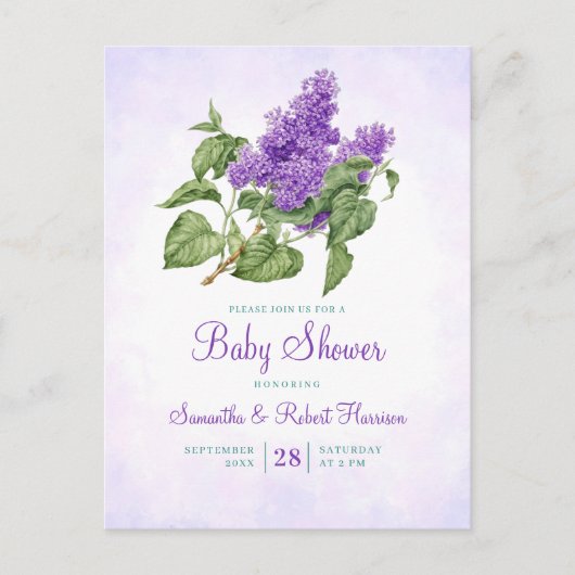 Invitation Carte Postale Fleur Lilac Baby shower botanique violet vert (Devant)