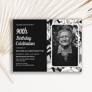 Invitation Carte Postale Fleur noir et blanc pour les 90 ans d'une femme en