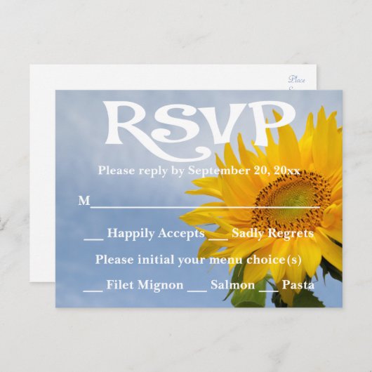 Invitation Carte Postale Fleur RSVP Jaune Tournesol & Mariage Bleu (Devant / Derrière)