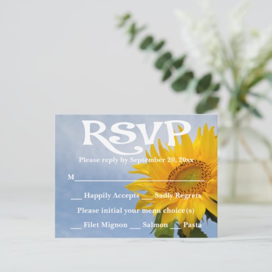 Invitation Carte Postale Fleur RSVP Jaune Tournesol & Mariage Bleu (Debout devant)