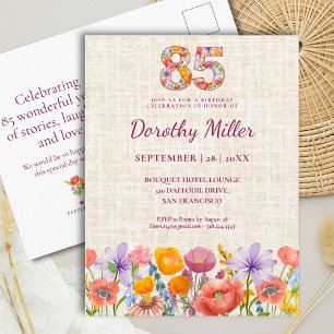 Invitation Carte Postale Fleur sauvage 85e anniversaire pour elle - Numéro