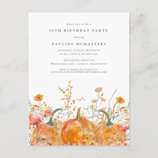 Invitation Carte Postale Fleur sauvage citrouille Automne 50e fête d'annive (Devant)