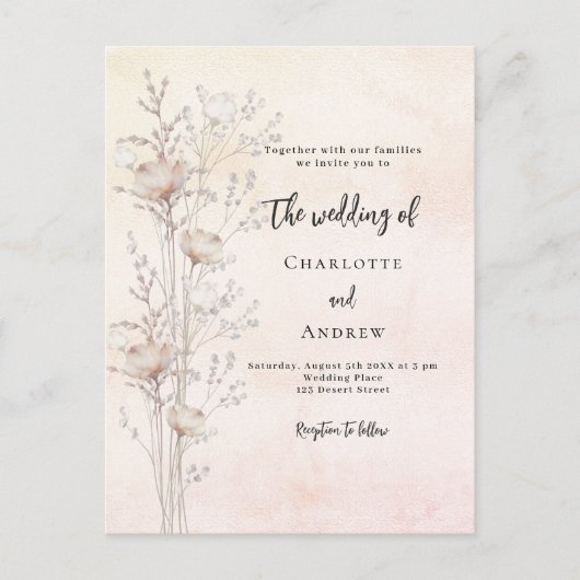 Invitation Carte Postale fleur sauvage mariage crème poussiéreuse (Devant)