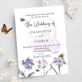 Invitation Carte Postale Fleur sauvage papillon violet rose mariage