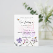 Invitation Carte Postale Fleur sauvage papillon violet rose mariage (Debout devant)