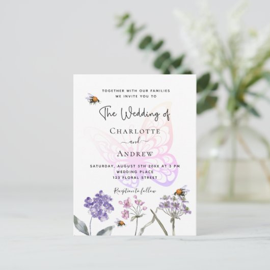 Invitation Carte Postale Fleur sauvage papillon violet rose mariage (Debout devant)