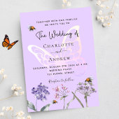 Invitation Carte Postale Fleur sauvage violet rose papillon mariage