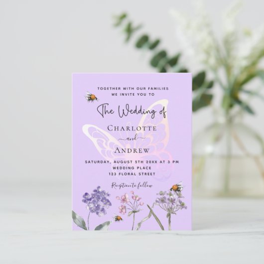 Invitation Carte Postale Fleur sauvage violet rose papillon mariage (Debout devant)