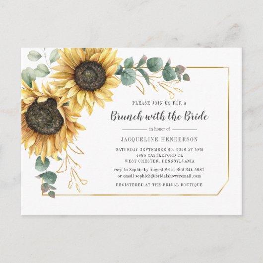 Invitation Carte Postale Fleur Script Eucalyptus Sunflower Bridal Brunch (Devant)