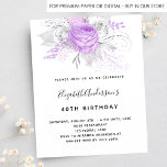 Invitation Carte Postale Fleur violet d'anniversaire élégant argent<br><div class="desc">Pour une fête d'anniversaire de 40e (ou tout âge). Une arrière - plan blanche design. Décoré de fleurs violettes et blanches, de feuillage rose et argenté. Personnalisez et ajoutez un nom et des détails du parti. Conseil : Si vous ne voulez pas qu'il ressemble à une carte postale, cliquez sur...</div>