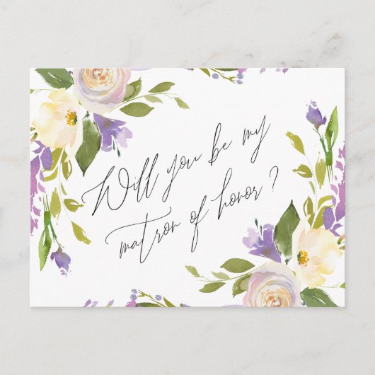 Invitation Carte Postale Fleuron Violet Soyez Mon Matron D'Honneur (Devant)