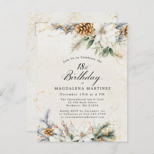 Invitation Carte Postale Fleurs Blanches d'Hiver et Feuillage Vert pour 18e (Devant / Derrière)