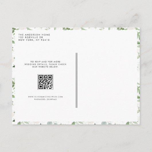 Invitation Carte Postale Fleurs blanches et verdure QR Code Mariage (Dos)