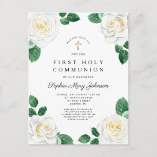 Invitation Carte Postale Fleurs blanches roses aquarelle fille première com