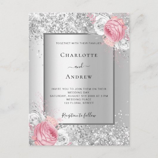 Invitation Carte Postale Fleurs blanches roses argentées mariage élégant (Devant)