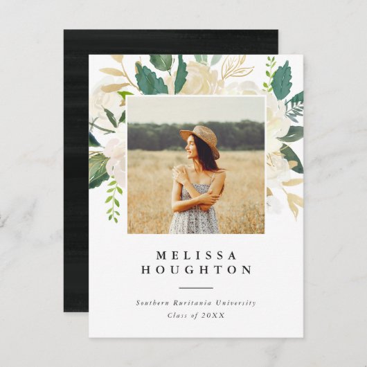 Invitation Carte Postale Fleurs d'aquarelle chic Photo Graduation Party (Devant / Derrière)