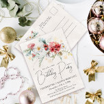 Invitation Carte Postale Fleurs d'aquarelle d'hiver 30e fête d'anniversaire<br><div class="desc">Les fleurs d'eau d'hiver rouge et blanc sont nichées dans des feuilles et des feuillages verts à la sauge molle. Les flocons d'or apportent une touche festive. Un script élégant, simple et moderne lui donne une ambiance ouverte et aérée. Il y a aussi un boquet de fleurs d'hiver sur le...</div>