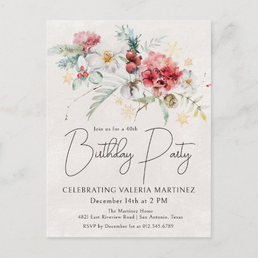 Invitation Carte Postale Fleurs d'aquarelle d'hiver 40e fête d'anniversaire (Devant)