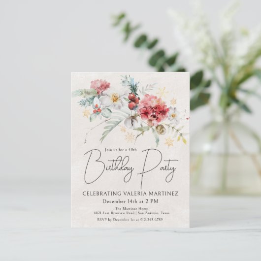 Invitation Carte Postale Fleurs d'aquarelle d'hiver 40e fête d'anniversaire (Debout devant)